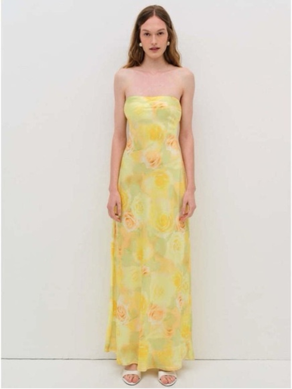 For love and lemons Strapless Buttery Yellow Floral Maxi Dress Size S MSRP 289
